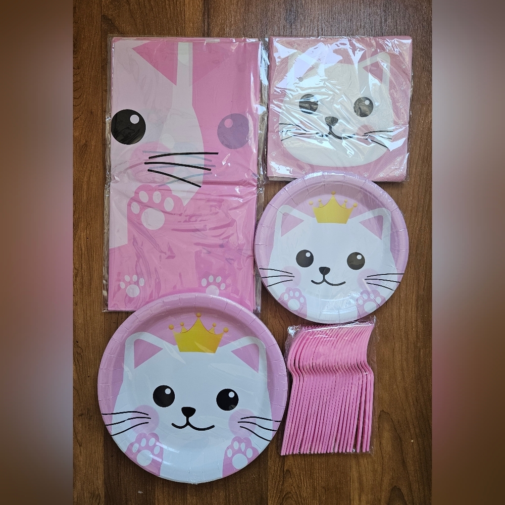 Pink Cat Party Supplies Set